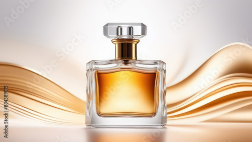 Abstract flowing waves with perfume bottle on white background with beautiful bokeh and with copy space