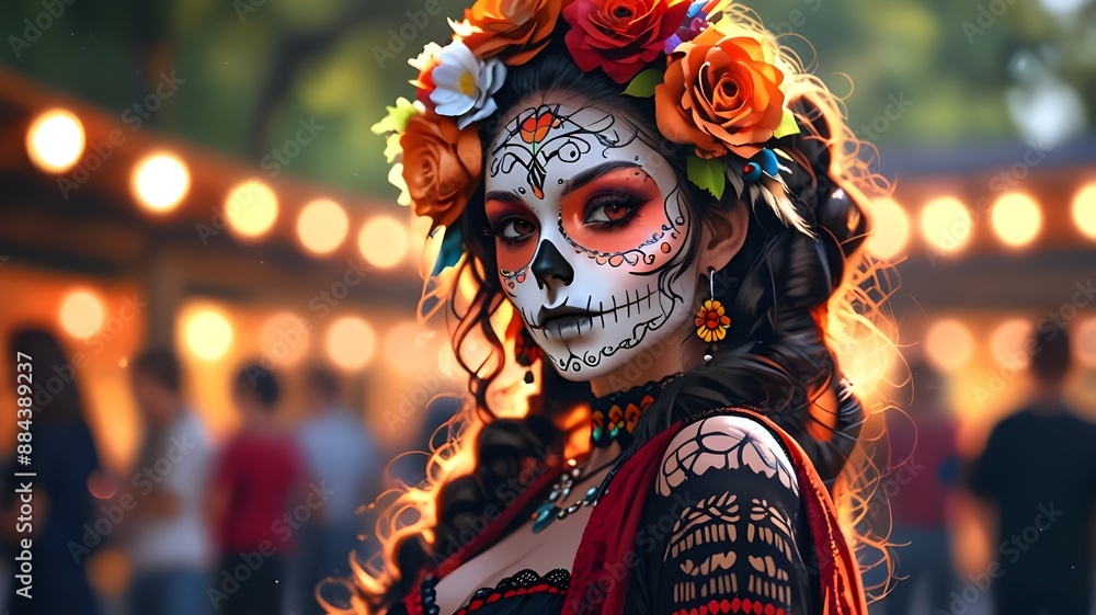 Portrait of a woman in a beautiful day of the dead costume and skull makeup. Generative AI. Portrait of a woman in a beautiful day of the dead costume and skull makeup. Generative AI.