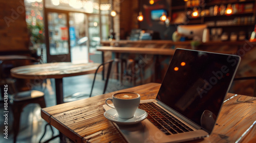 A laptop on a wooden table in a cozy coffee shop, with a cup of coffee next to it © Chatchanan