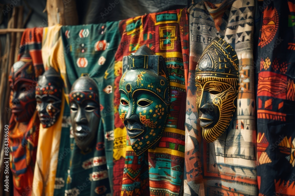 Elegant traditional masks and vibrant fabric tapestries arranged in a festive display with the words 'Independence Day' prominently featured, celebrating Madagascar's Independence Day. Elegant traditional masks and vibrant fabric tapestries arranged in a festive display with the words 'Independence Day' prominently featured, celebrating Madagascar's Independence Day.