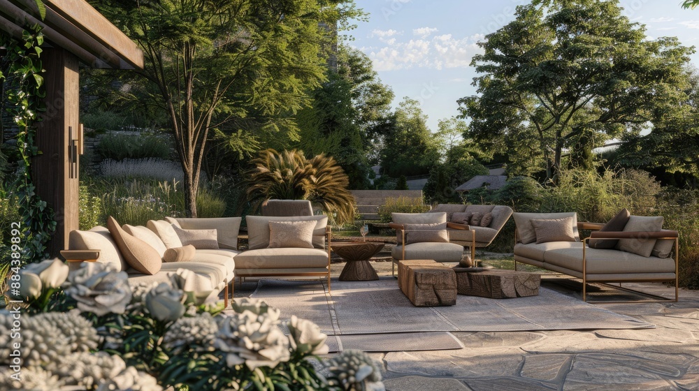 A luxurious outdoor seating arrangement with high-end furniture, set in a picturesque garden. A luxurious outdoor seating arrangement with high-end furniture, set in a picturesque garden.