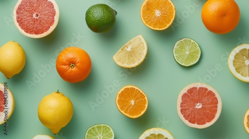 Fototapeta Naklejka Na Ścianę i Meble -  Fresh citrus fruits on green background.