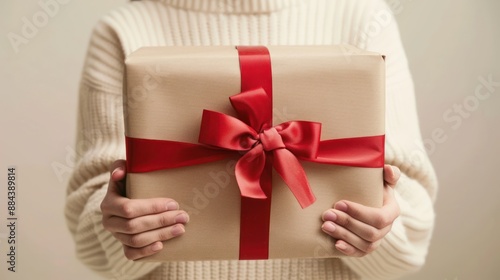 Person holding a beautifully wrapped gift box with a curious expression.