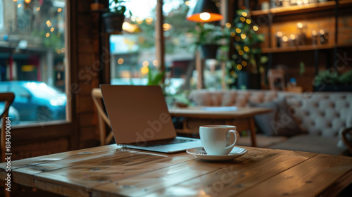 Wallpaper Mural A laptop on a wooden table in a cozy coffee shop, with a cup of coffee next to it Torontodigital.ca