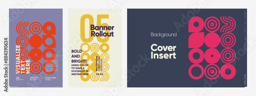 Vibrant and bold poster designs featuring circular motifs and striking color contrasts, ideal for banners, covers, and artistic presentations.