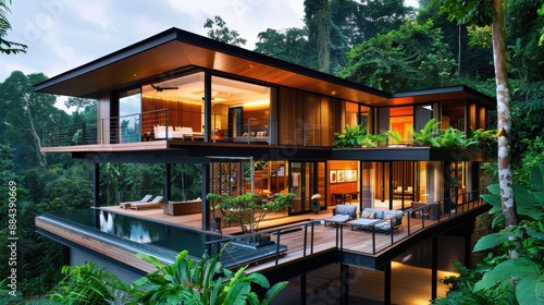 A modern treehouse design with floor plans, set against a dense jungle background