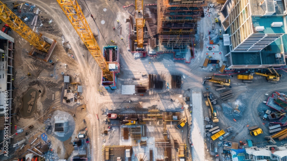Aerial view of a large construction site with cranes and equipment. Aerial view of a large construction site with cranes and equipment.