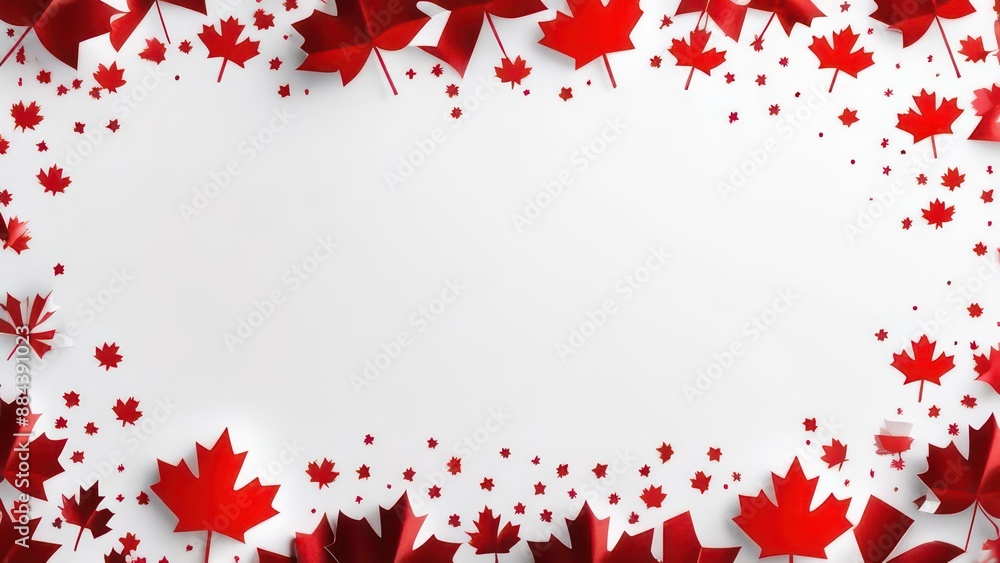 Canadian flags and confetti on white background with copy space
