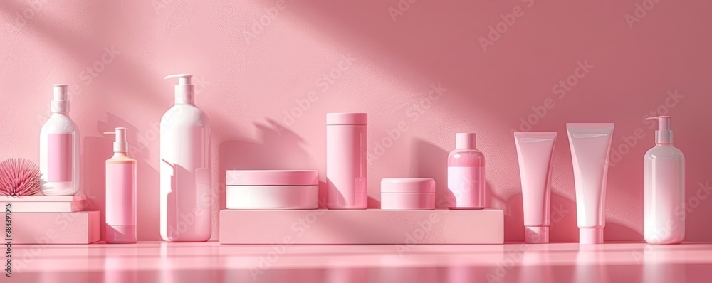 A set of pink skincare products arranged on a surface with a soft pink background A set of pink skincare products arranged on a surface with a soft pink background
