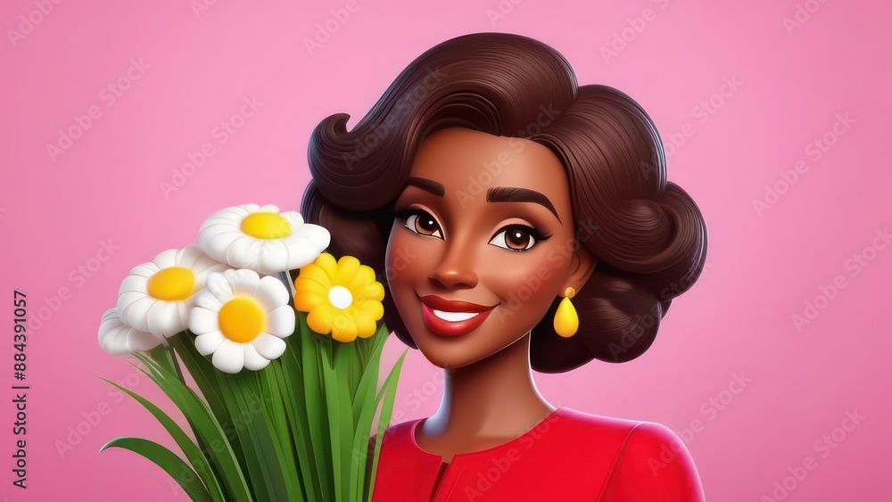 Cartoon Woman with flowers. Happy International Women's Day, Mother's day, birthday card Cartoon Woman with flowers. Happy International Women's Day, Mother's day, birthday card