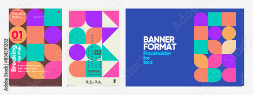 These modern concept posters feature bold geometric shapes and vibrant colors, ideal for exhibitions, banners, and media backgrounds, showcasing abstract and surreal art themes.