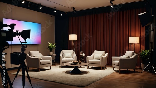 A television studio set with four chairs, a coffee table, two plants and a screen with a gradient background.