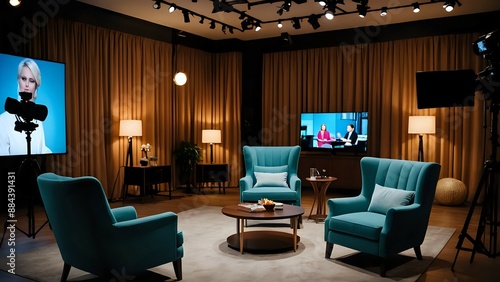 A modern TV studio set with plush teal armchairs and a coffee table.