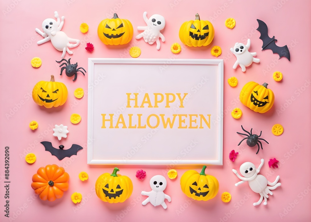 Happy halloween card in flat lay style. Halloween frame with party decorations of pumpkins, bats, scary ghosts, candy, spiders on background. Happy halloween card in flat lay style. Halloween frame with party decorations of pumpkins, bats, scary ghosts, candy, spiders on background.