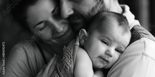 A close-up of a man holding a baby wrapped in a blanket, suitable for use in family-related contexts