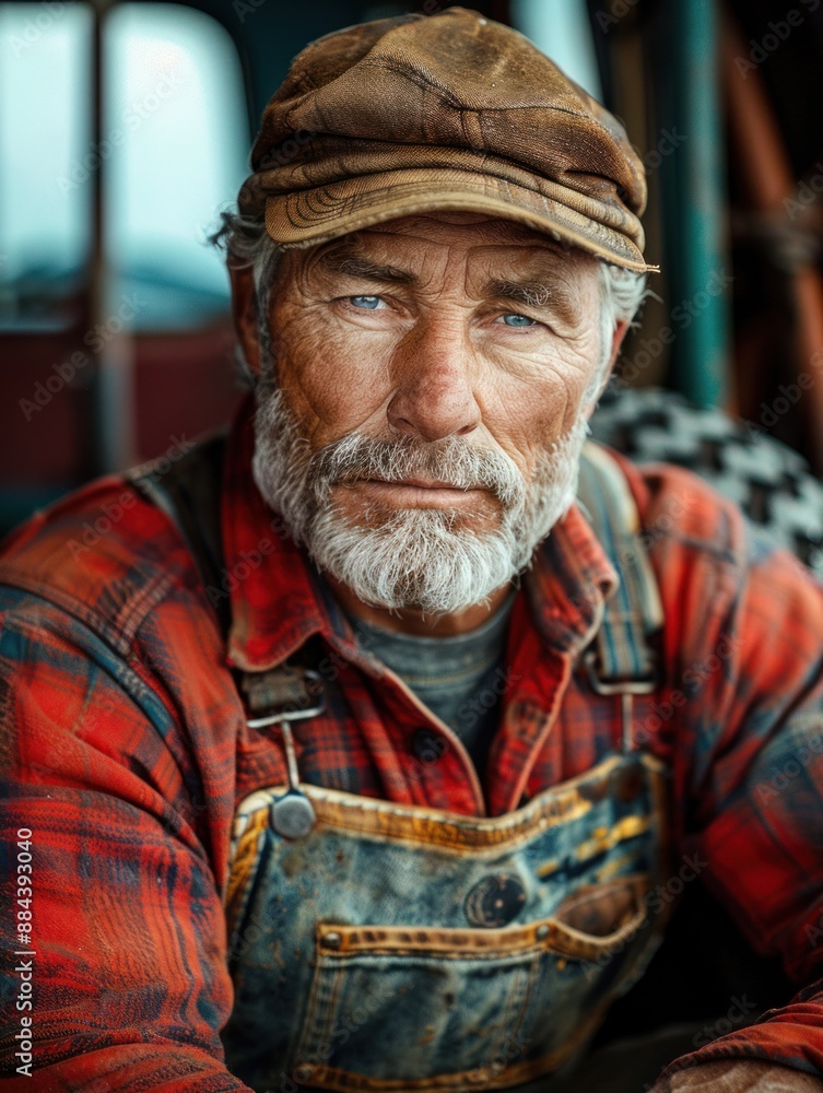 Man in red plaid shirt and denim overalls, looking at camera Man in red plaid shirt and denim overalls, looking at camera