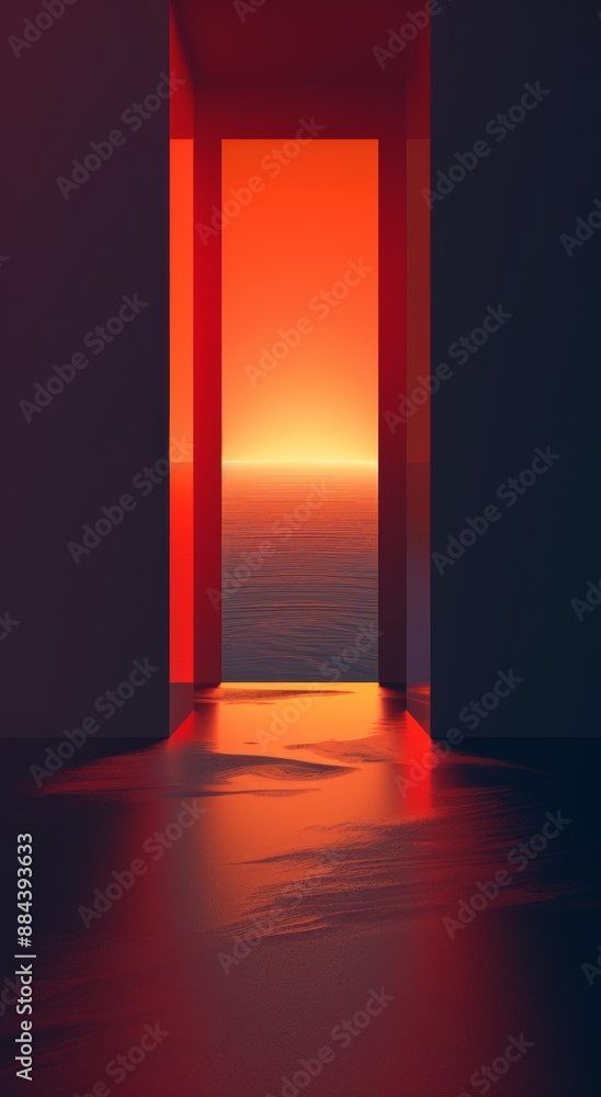 Abstract scene with dark hallway leading to glowing red and orange horizon over water Abstract scene with dark hallway leading to glowing red and orange horizon over water
