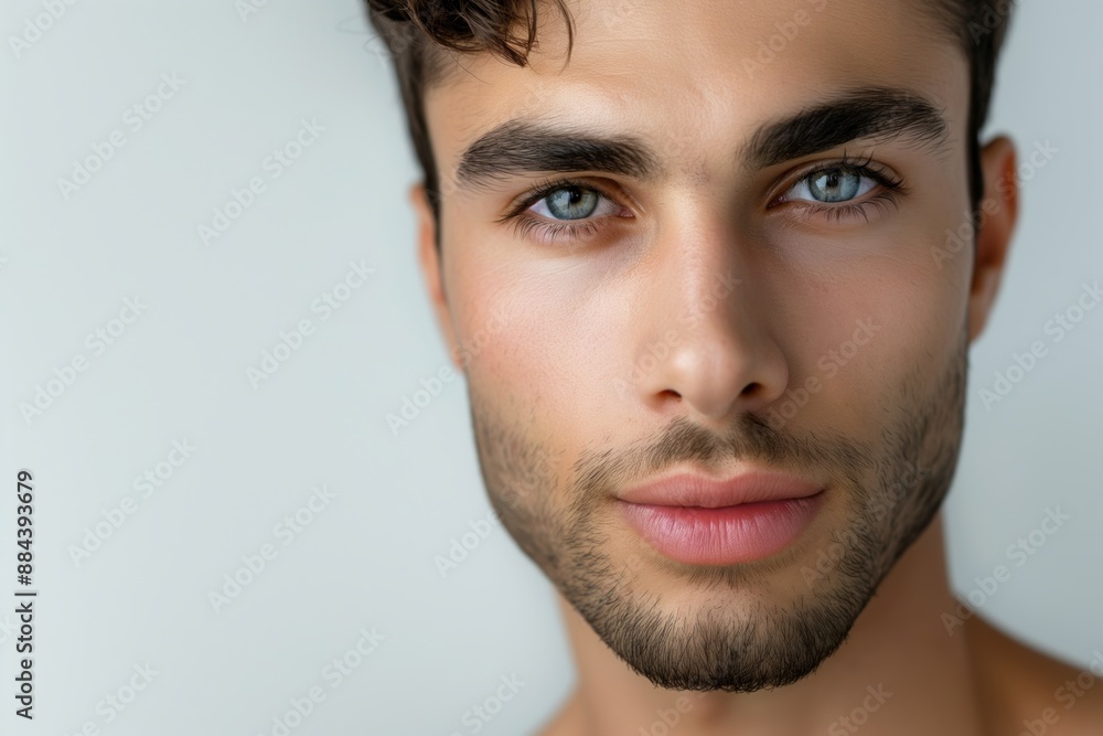 Fototapeta premium A man with a beard and blue eyes. He has a nice smile. He looks very handsome