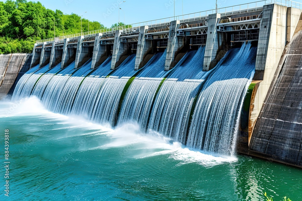 Rows of water flowing fast into the river with a blue sky background Rows of water flowing fast into the river with a blue sky background