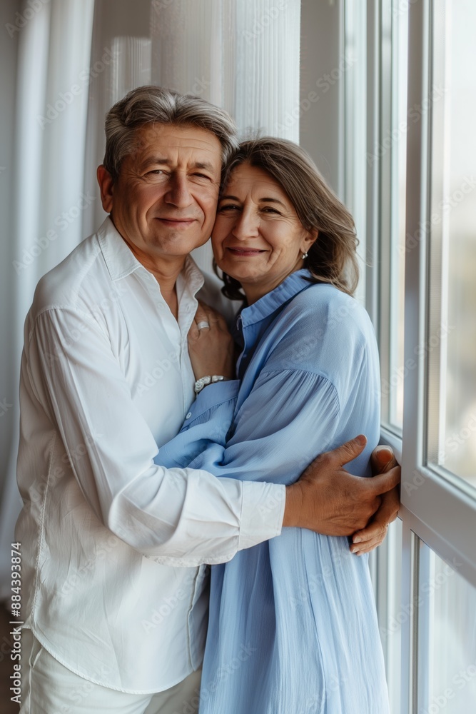 A man and woman are hugging each other in a window. The man is wearing a white shirt and the woman is wearing a blue dress. They both have smiles on their faces, indicating that they are happy A man and woman are hugging each other in a window. The man is wearing a white shirt and the woman is wearing a blue dress. They both have smiles on their faces, indicating that they are happy