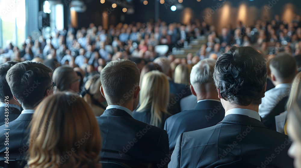 Fototapeta premium group of people in formal dressing suit as audience at large modern hall business event. Press conference news presentation exhibition briefing reporter seminar workshop convention forum summit