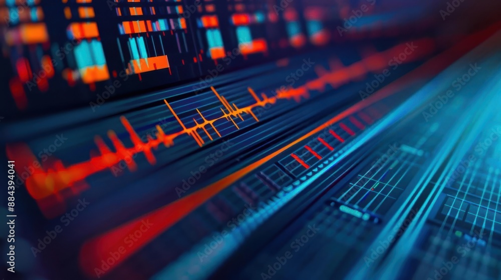 Abstract digital waveform and data visualization with blue, orange, and red color scheme. Abstract digital waveform and data visualization with blue, orange, and red color scheme.