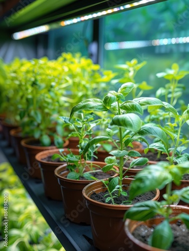 A row of potted basil plants thrive under artificial lights, growing indoors