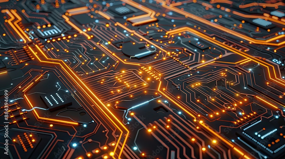 Close-up view of a highly detailed glowing circuit board with intricate pathways and electronic components, showcasing modern technology. Close-up view of a highly detailed glowing circuit board with intricate pathways and electronic components, showcasing modern technology.