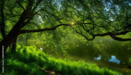 A tree in the forest, branches above the river. In the summer, it is so nice to take a walk and relax.