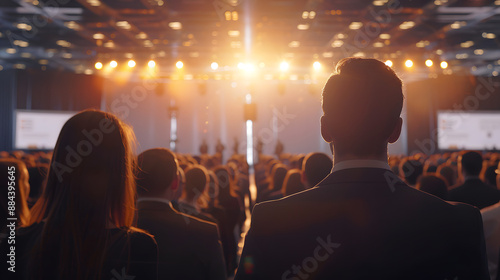 group of people in formal dressing suit as audience at large modern hall business event. Press conference news presentation exhibition briefing reporter seminar workshop convention forum summit
