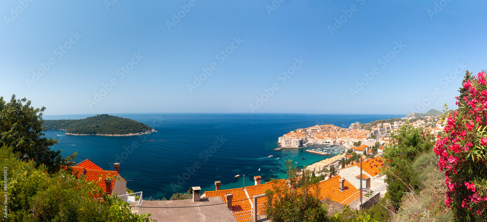 Dubrovnik historical harbor and old town from above. Top tourist destination in Croatia country, Dalmatia region