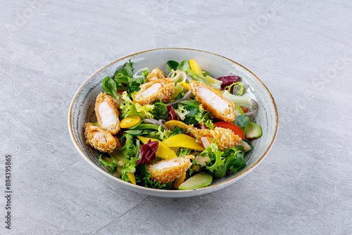 Delicious salad with panko shrimps and vegetables, fitness salad, for the restaurant website menu