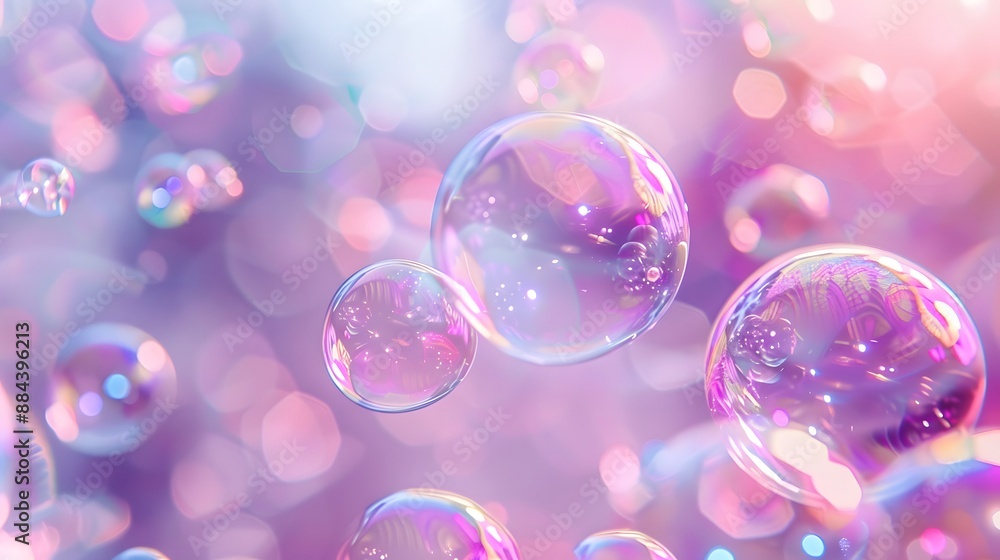 Pink and purple bubbles floating in the air with a blurred background Pink and purple bubbles floating in the air with a blurred background