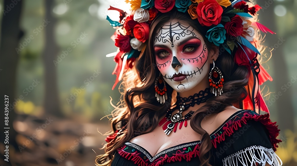 Portrait of a woman in a beautiful day of the dead costume and skull makeup. Generative AI. Portrait of a woman in a beautiful day of the dead costume and skull makeup. Generative AI.