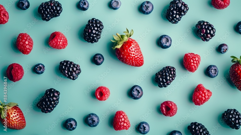 Blue, Red, and Black Berries on Turquoise Background. Blue, Red, and Black Berries on Turquoise Background.