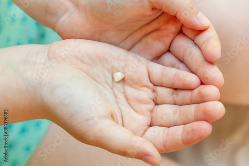 Tableau sur toile Child is holding a fallen milk tooth in his hands, close-up