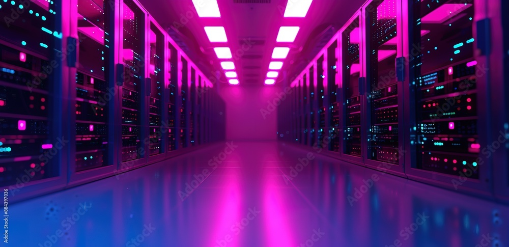 A network server room with pink light shining from above A network server room with pink light shining from above