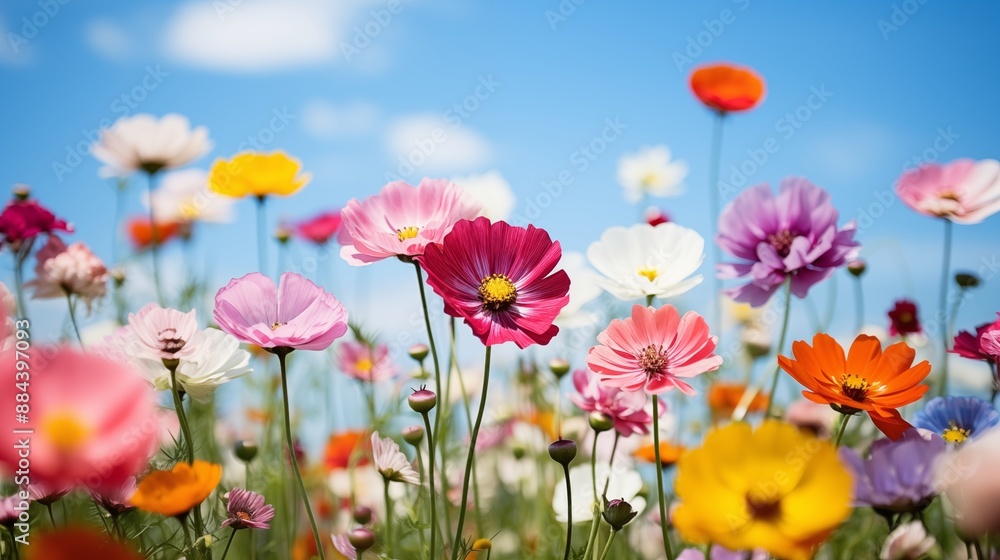 Field of Colorful Flowers Blooming Under a Blue Sky Field of Colorful Flowers Blooming Under a Blue Sky