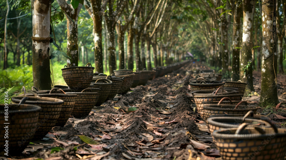 Fototapeta premium A rubber plantation during the harvest season, with baskets filled with latex