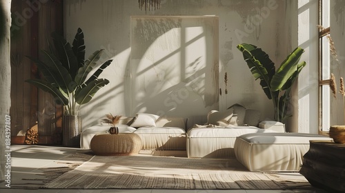 A bohemian living room features light cream furniture with tropical plants and rustic decor, creating a natural and serene ambiance enhanced by abundant natural light.