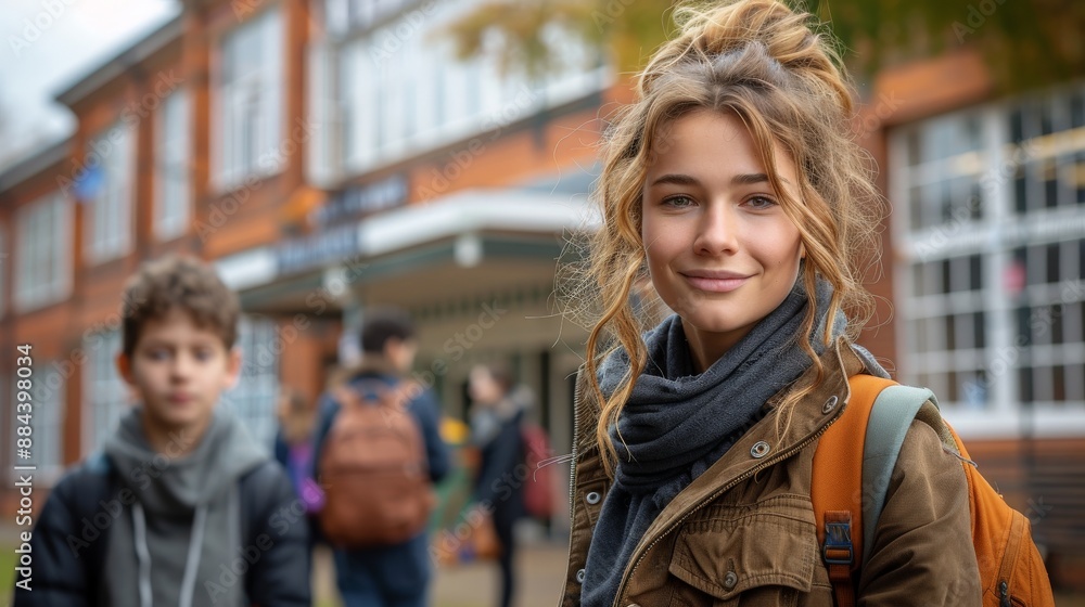 girl standing outside the school, back-to-school concept. girl standing outside the school, back-to-school concept.