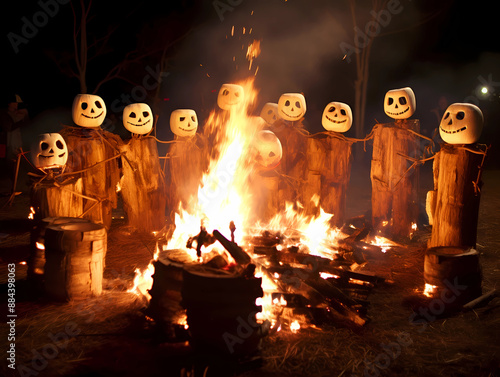 Eerie Halloween Bonfire with Pumpkin-Headed Scarecrows..