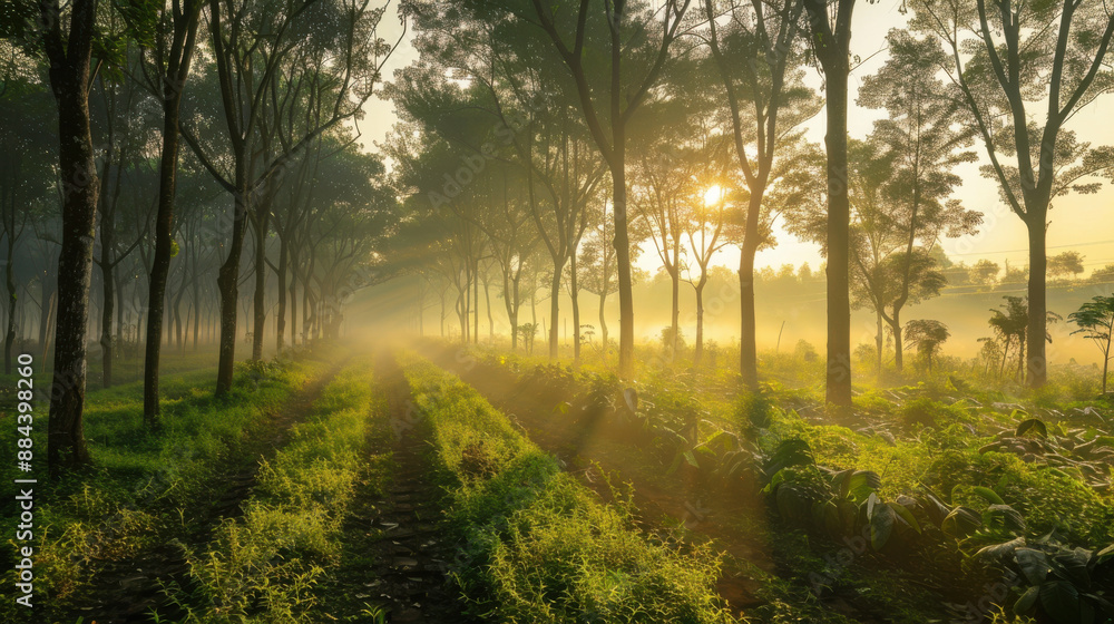 Obraz premium A serene rubber plantation at sunrise, with rows of trees and morning mist