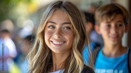 cheerful girl in school with backpack on sunny day outside school