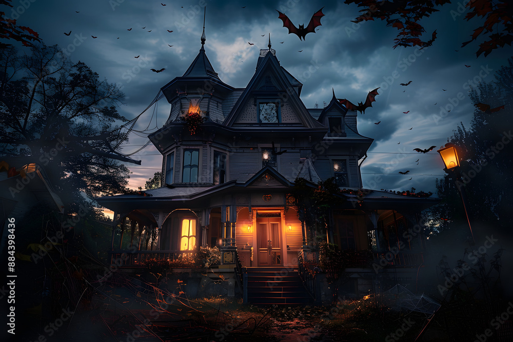 A haunted house with bats and spiders. Halloween background A haunted house with bats and spiders. Halloween background