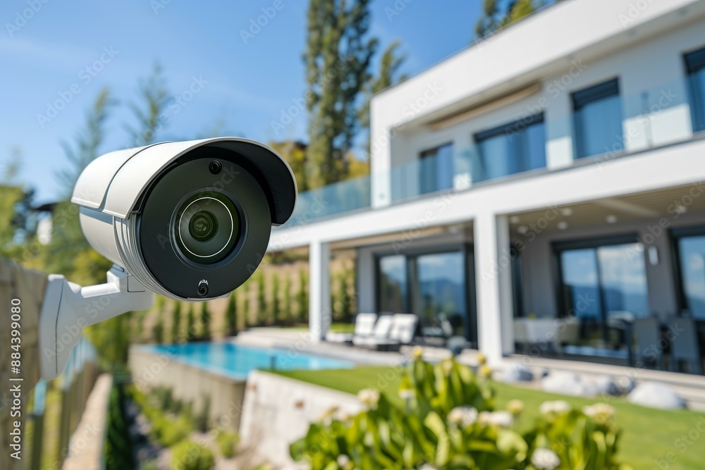 Outdoor security camera installed adjacent to luxury villa with swimming pool and garden view