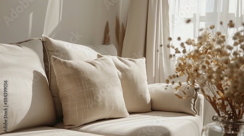 A close-up captures beige textured cushions on a sofa under soft natural lighting, creating a calming atmosphere with neutral, cozy home decor. photo