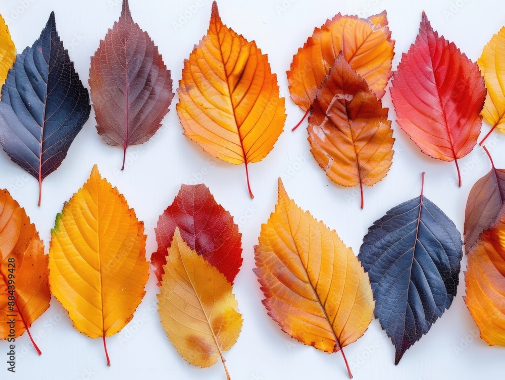 Fototapeta premium A collection of colorful leaves arranged on a white surface