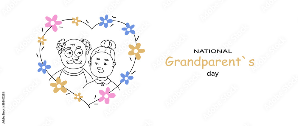 line art of national Grandparent`s Day. Cute funny couple grandparents. A hand-drawn vector doodle banner, copy space.Happy national Grandparent`s Day line art of national Grandparent`s Day. Cute funny couple grandparents. A hand-drawn vector doodle banner, copy space.Happy national Grandparent`s Day