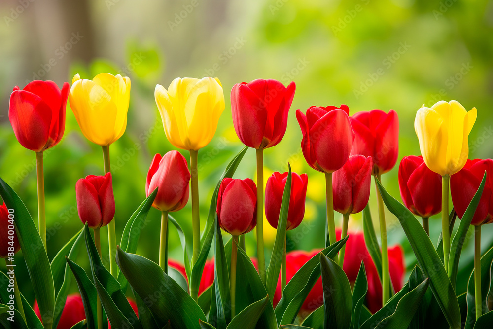 Fototapeta premium beautiful fresh red and yellow tulips flowers